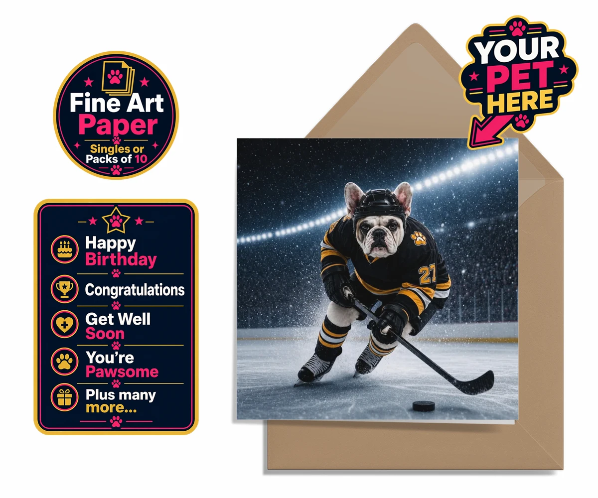 Personalised Paws on Ice dog premium greetings cards featuring where your beloved dog takes centre stage as a pint-sized sports star