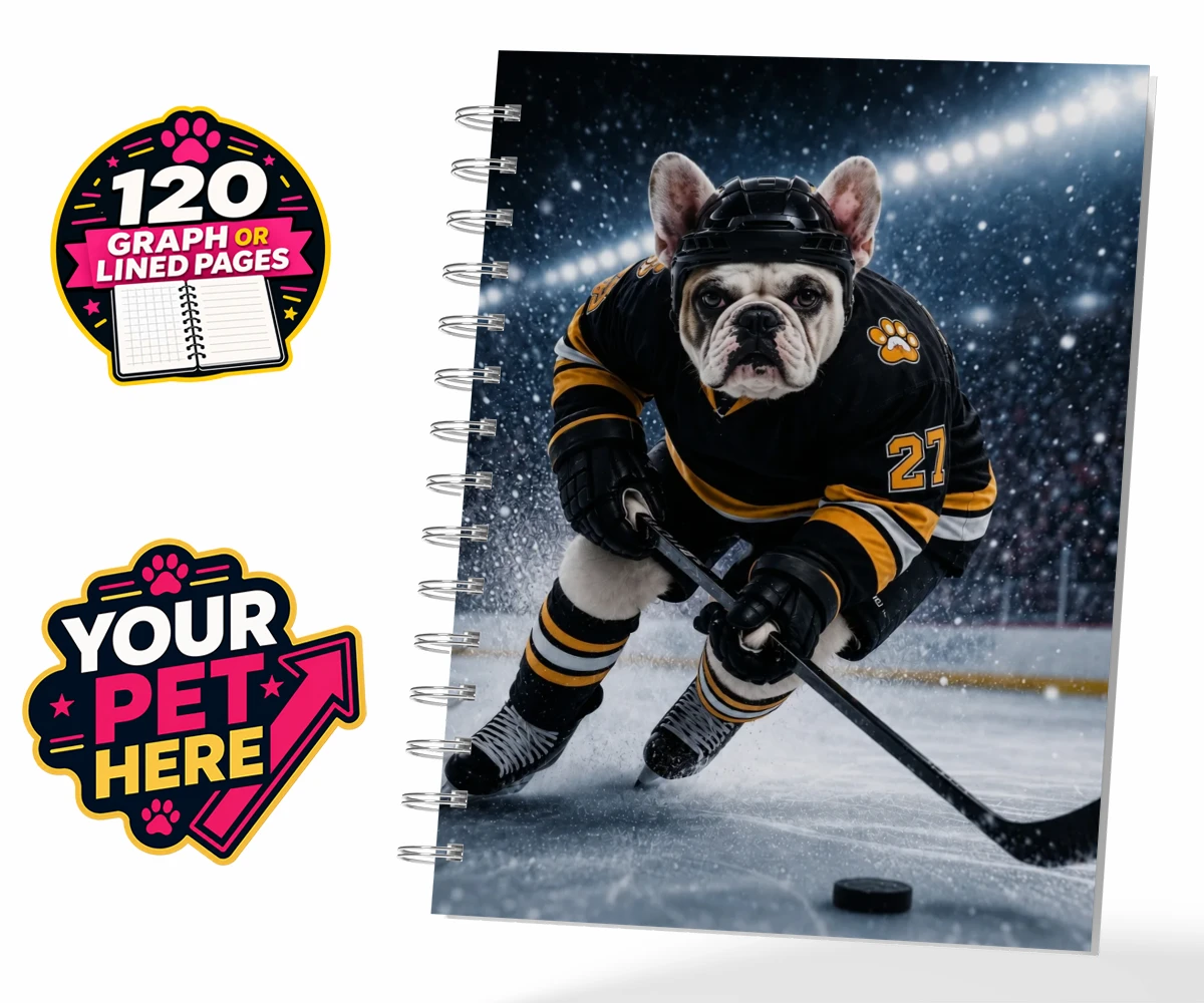 Personalised Paws on Ice dog spiral notebook featuring where your beloved dog takes centre stage as a pint-sized sports star