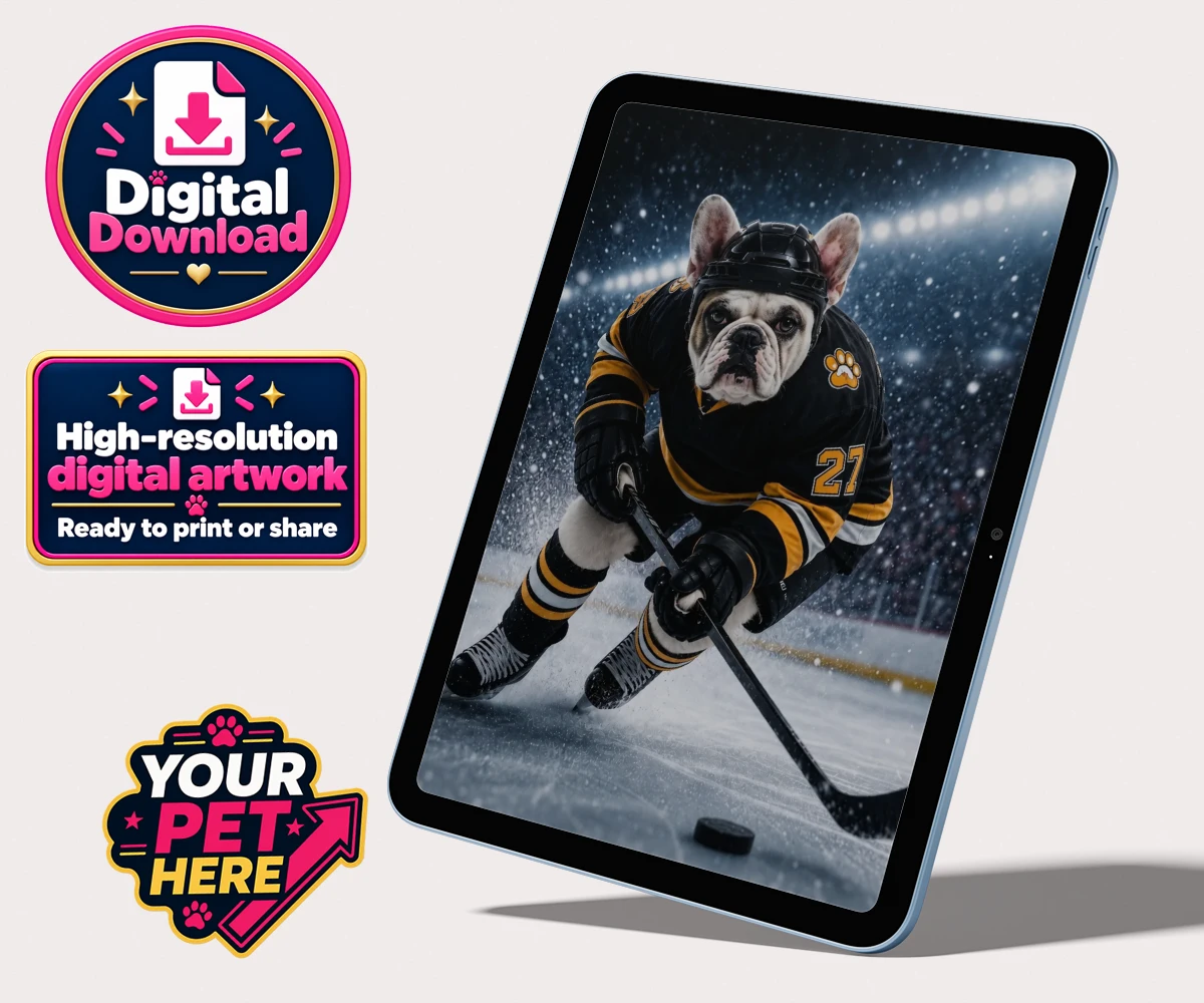 Personalised digital portrait of Paws on Ice, a dog in a hockey kit, set in a vibrant ice arena