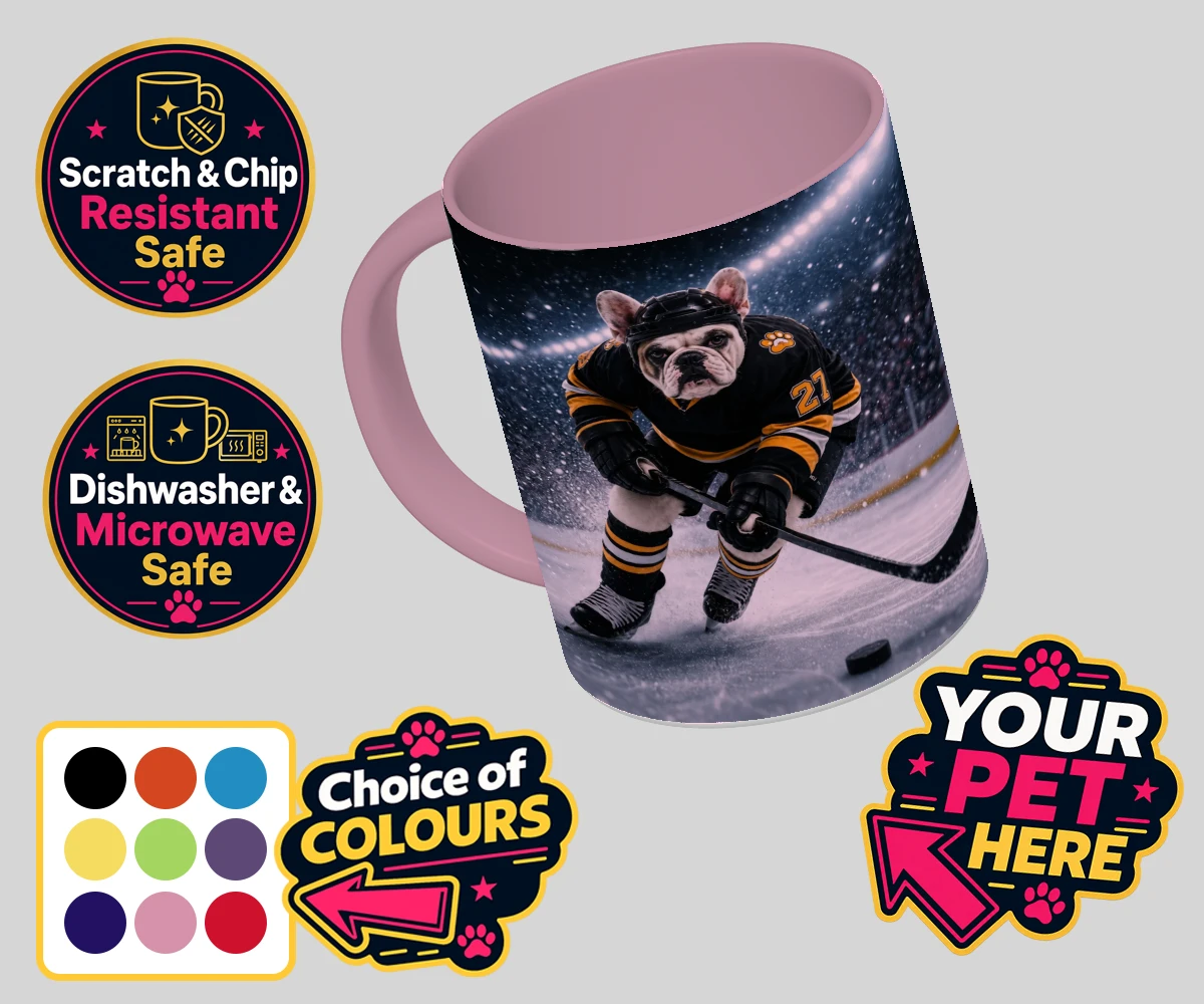 Personalised Paws on Ice dog coloured photo mugs featuring where your beloved dog takes centre stage as a pint-sized sports star