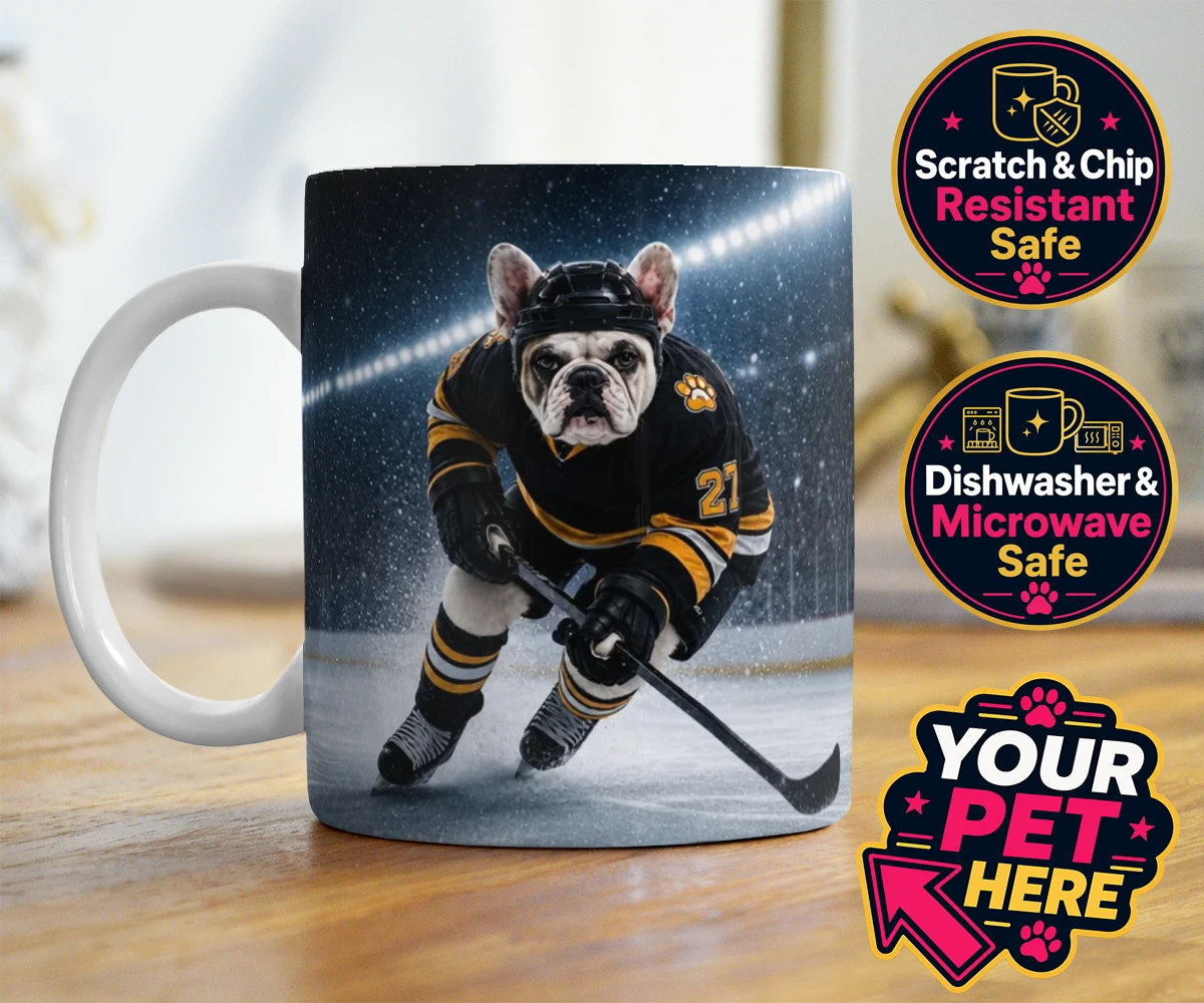 Personalised Paws on Ice dog photo mugs featuring where your beloved dog takes centre stage as a pint-sized sports star