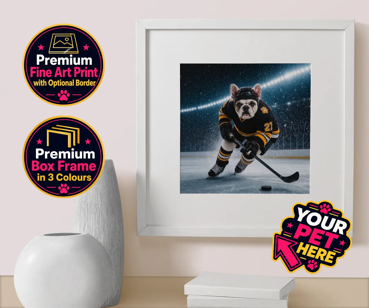 Personalised Paws on Ice dog box framed print featuring where your beloved dog takes centre stage as a pint-sized sports star