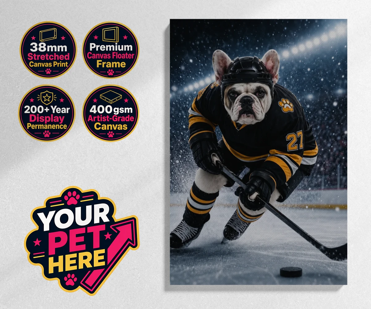 Personalised Paws on Ice dog stretched canvas print featuring where your beloved dog takes centre stage as a pint-sized sports star