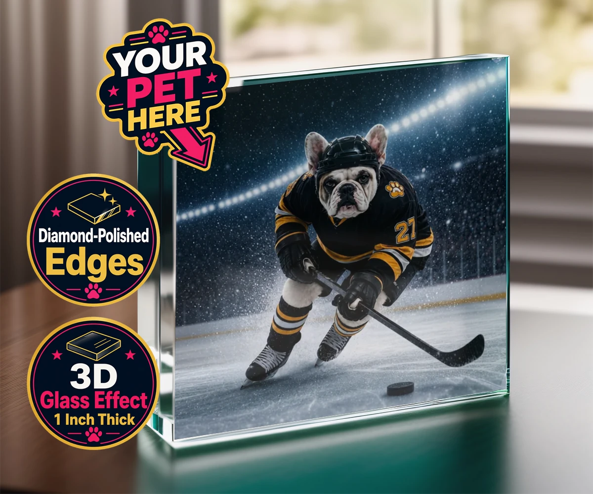 Personalised Paws on Ice dog acrylic prisms featuring where your beloved dog takes centre stage as a pint-sized sports star
