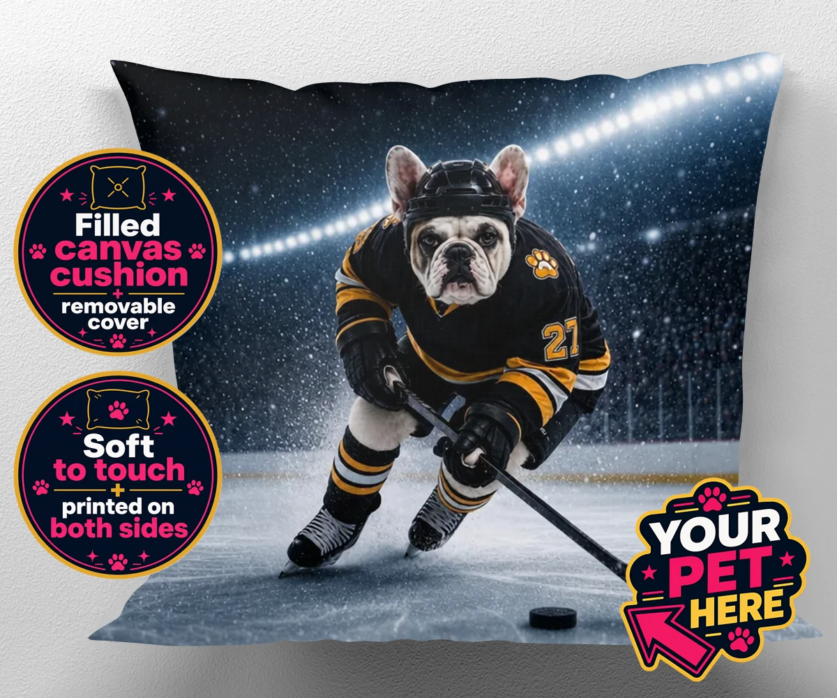 Personalised Paws on Ice dog canvas cushions featuring where your beloved dog takes centre stage as a pint-sized sports star
