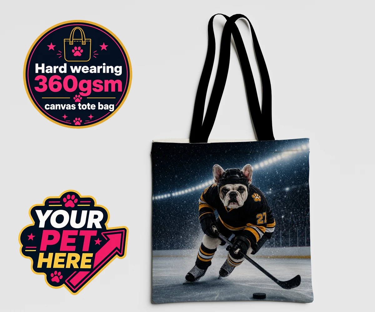 Personalised Paws on Ice dog canvas tote bags featuring where your beloved dog takes centre stage as a pint-sized sports star