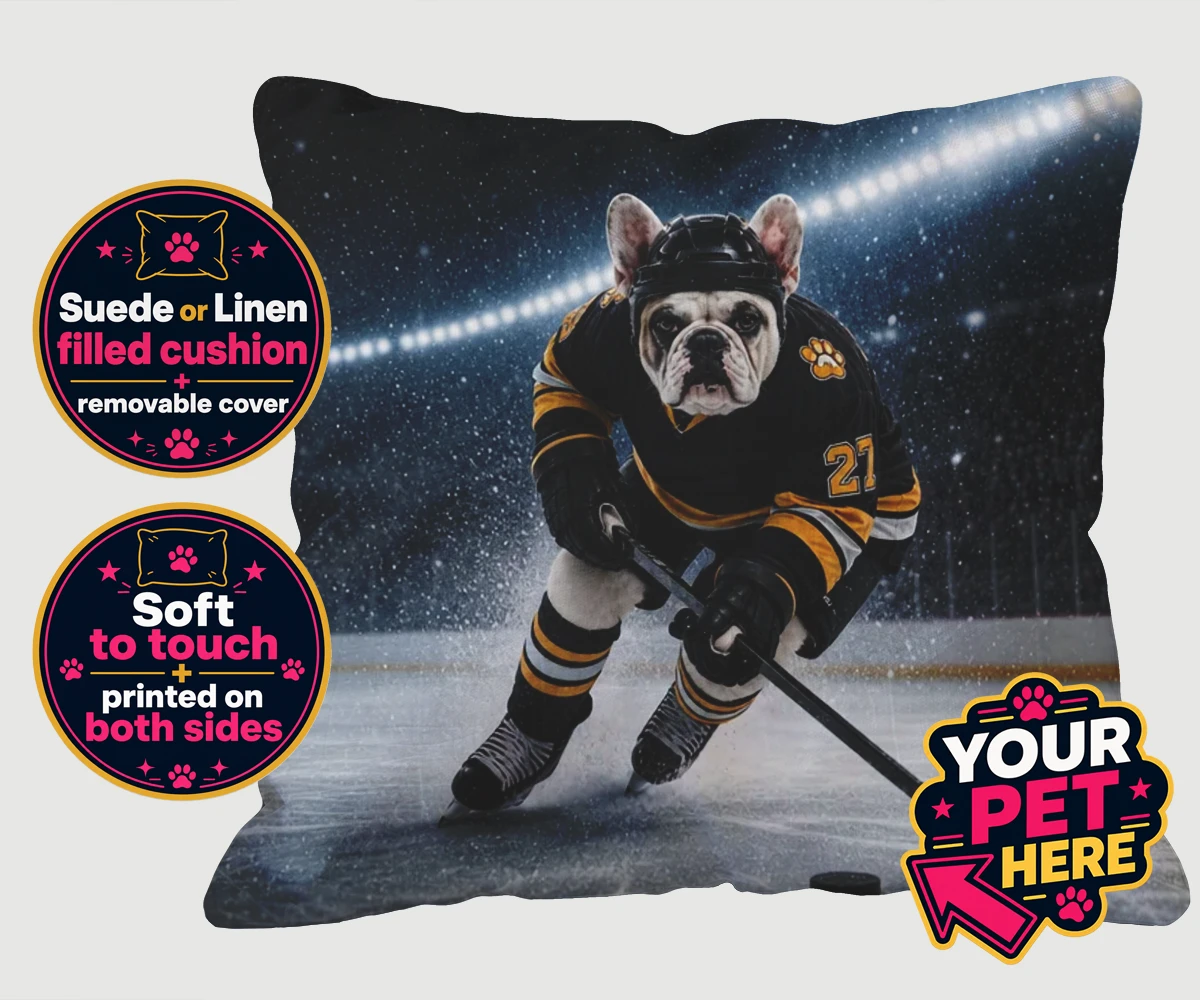 Personalised Paws on Ice dog cushions featuring where your beloved dog takes centre stage as a pint-sized sports star