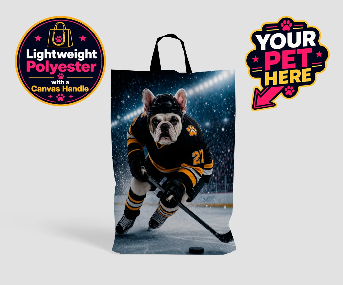 Personalised Paws on Ice dog shopping bags featuring where your beloved dog takes centre stage as a pint-sized sports star