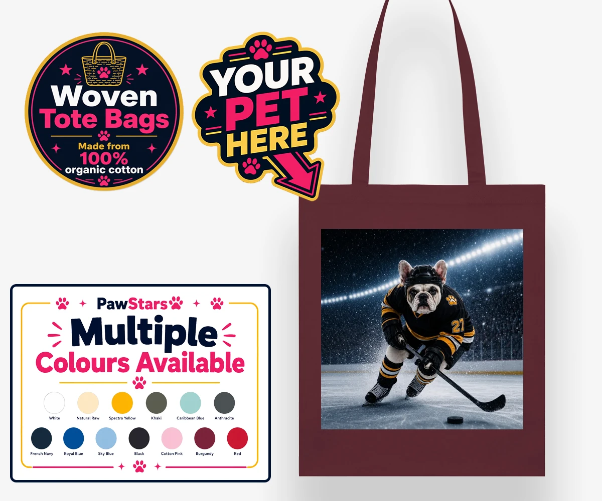 Personalised Paws on Ice dog woven tote bags featuring where your beloved dog takes centre stage as a pint-sized sports star