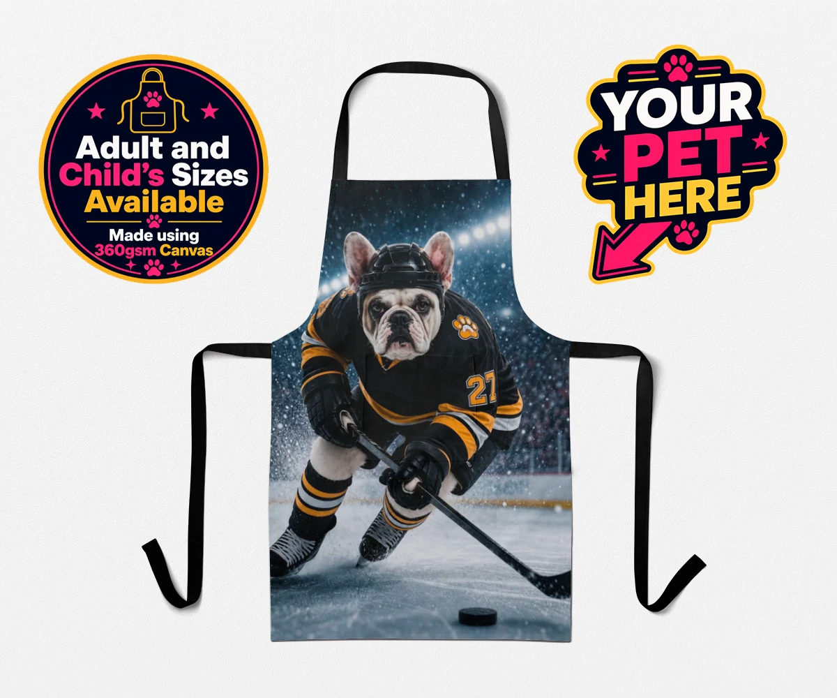 Personalised Paws on Ice dog aprons featuring where your beloved dog takes centre stage as a pint-sized sports star