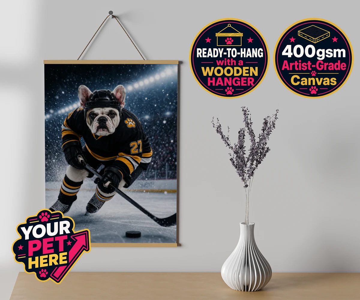 Personalised Paws on Ice dog canvas poster prints with hanger featuring where your beloved dog takes centre stage as a pint-sized sports star