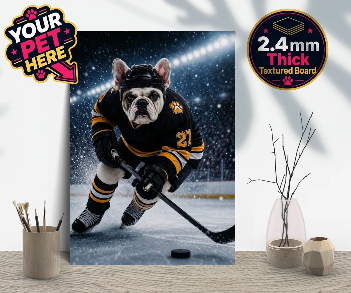 Personalised Paws on Ice dog gallery boards featuring where your beloved dog takes centre stage as a pint-sized sports star