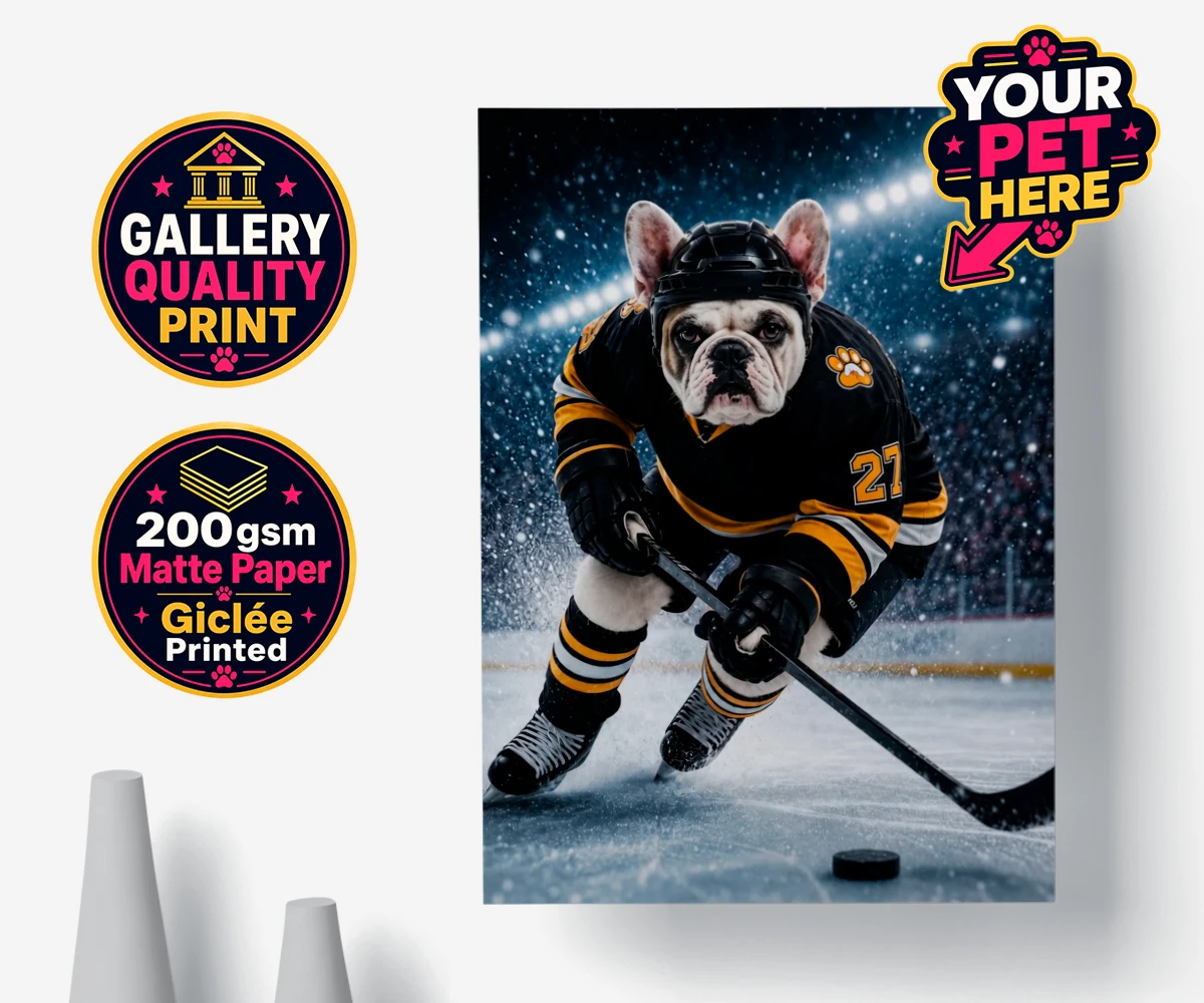 Personalised Paws on Ice dog premium poster print featuring where your beloved dog takes centre stage as a pint-sized sports star