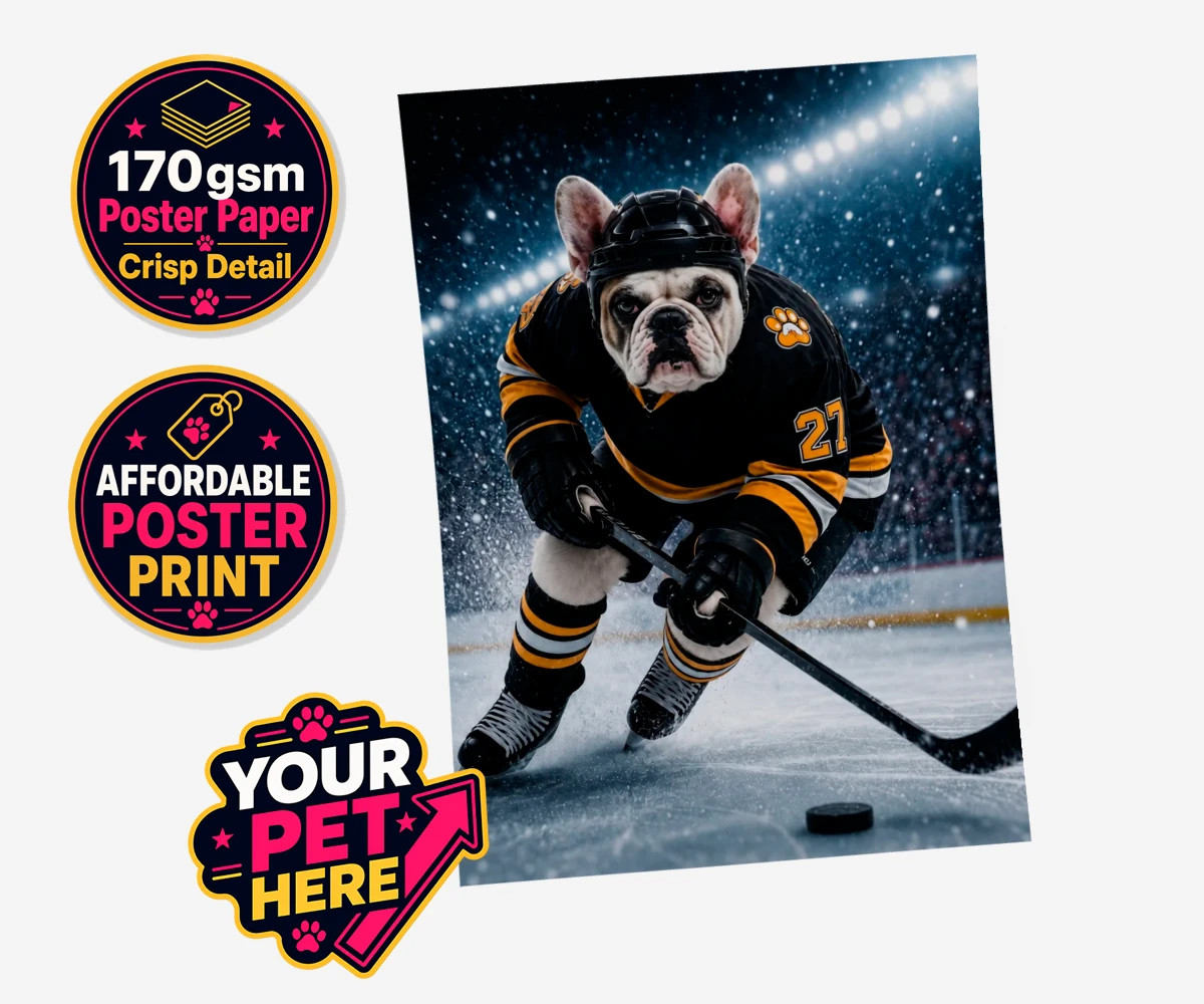 Personalised Paws on Ice dog standard poster print featuring where your beloved dog takes centre stage as a pint-sized sports star