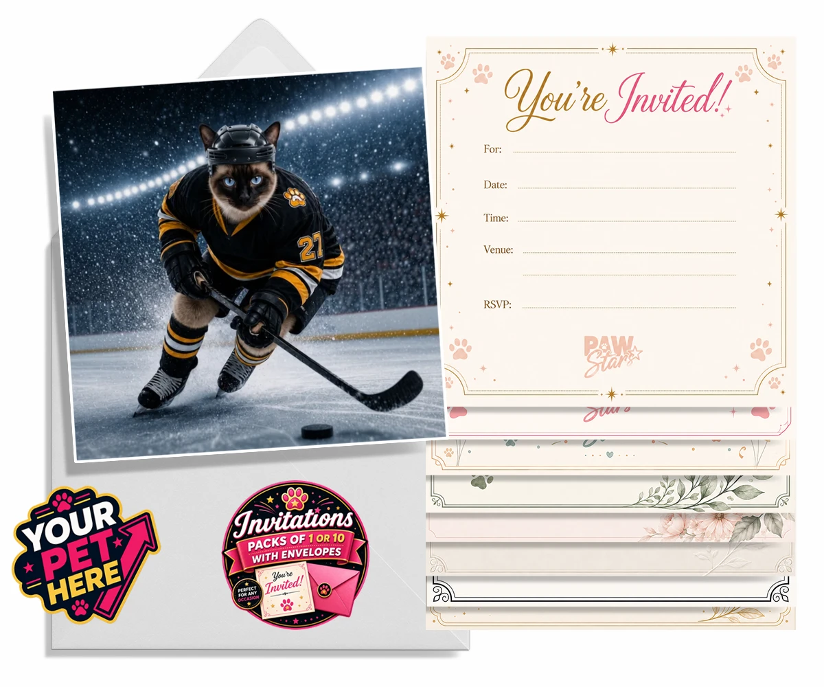 Personalised Paws on Ice cat invitations featuring meet Paws on Ice, the feline star of the rink!