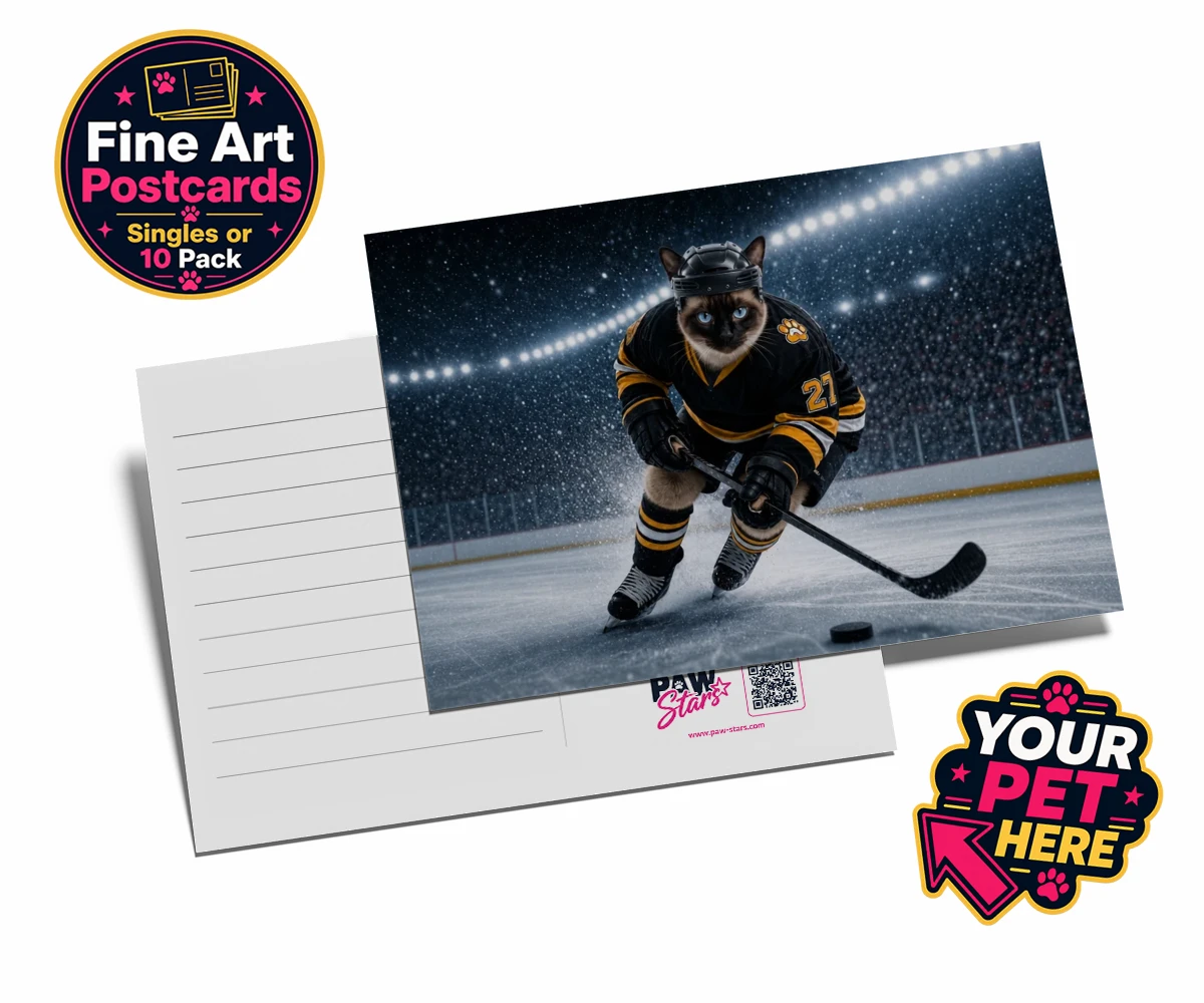 Personalised Paws on Ice cat postcards featuring meet Paws on Ice, the feline star of the rink!