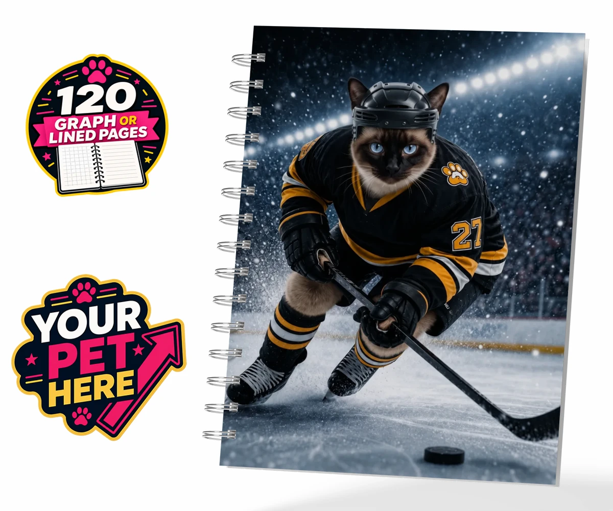 Personalised Paws on Ice cat spiral notebook featuring meet Paws on Ice, the feline star of the rink!
