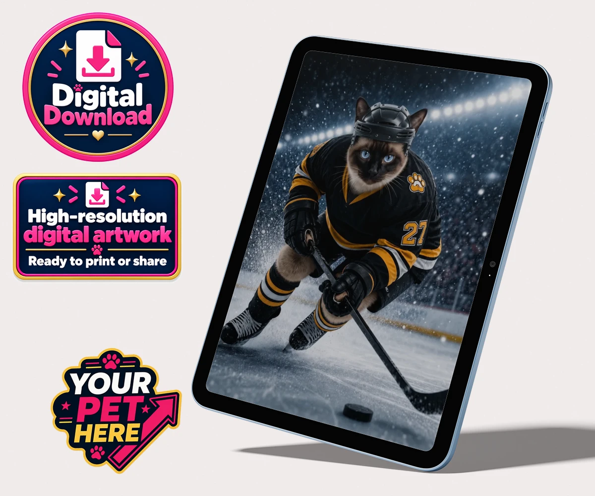 Personalised digital portrait of Paws on Ice, cat, in a black and gold hockey uniform on the ice rink.