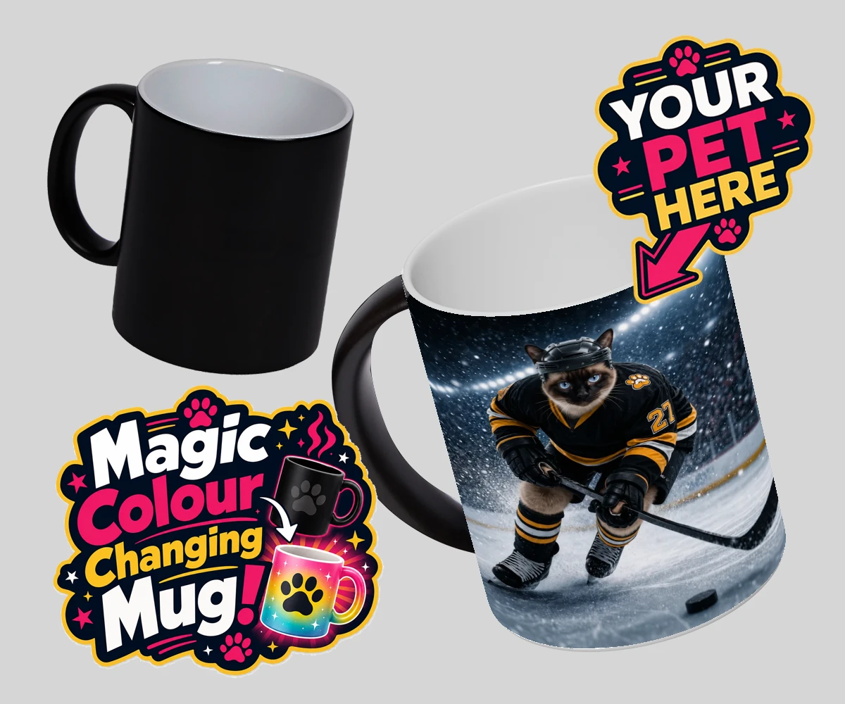 Personalised Paws on Ice cat magic photo mugs featuring meet Paws on Ice, the feline star of the rink!