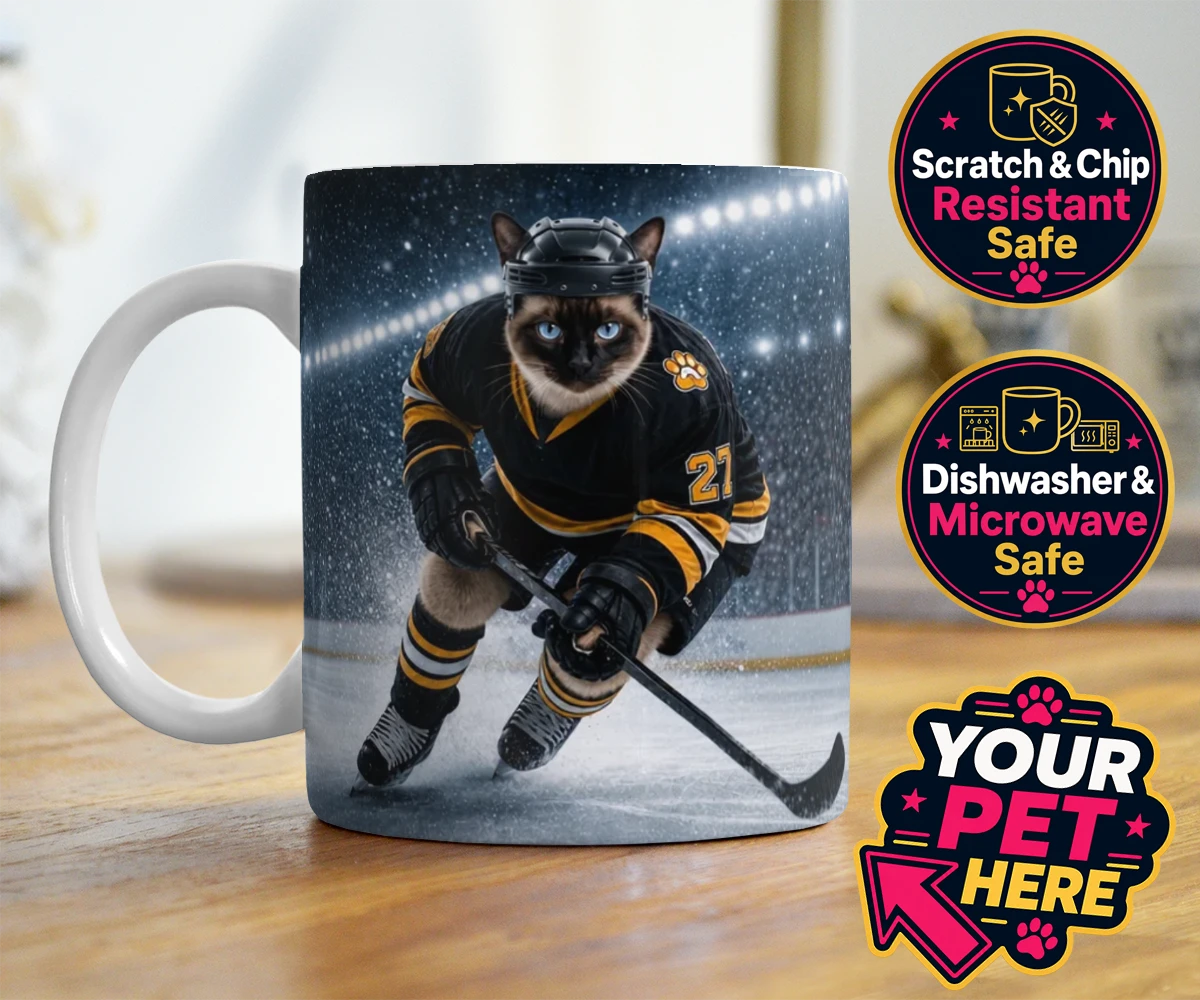 Personalised Paws on Ice cat photo mugs featuring meet Paws on Ice, the feline star of the rink!