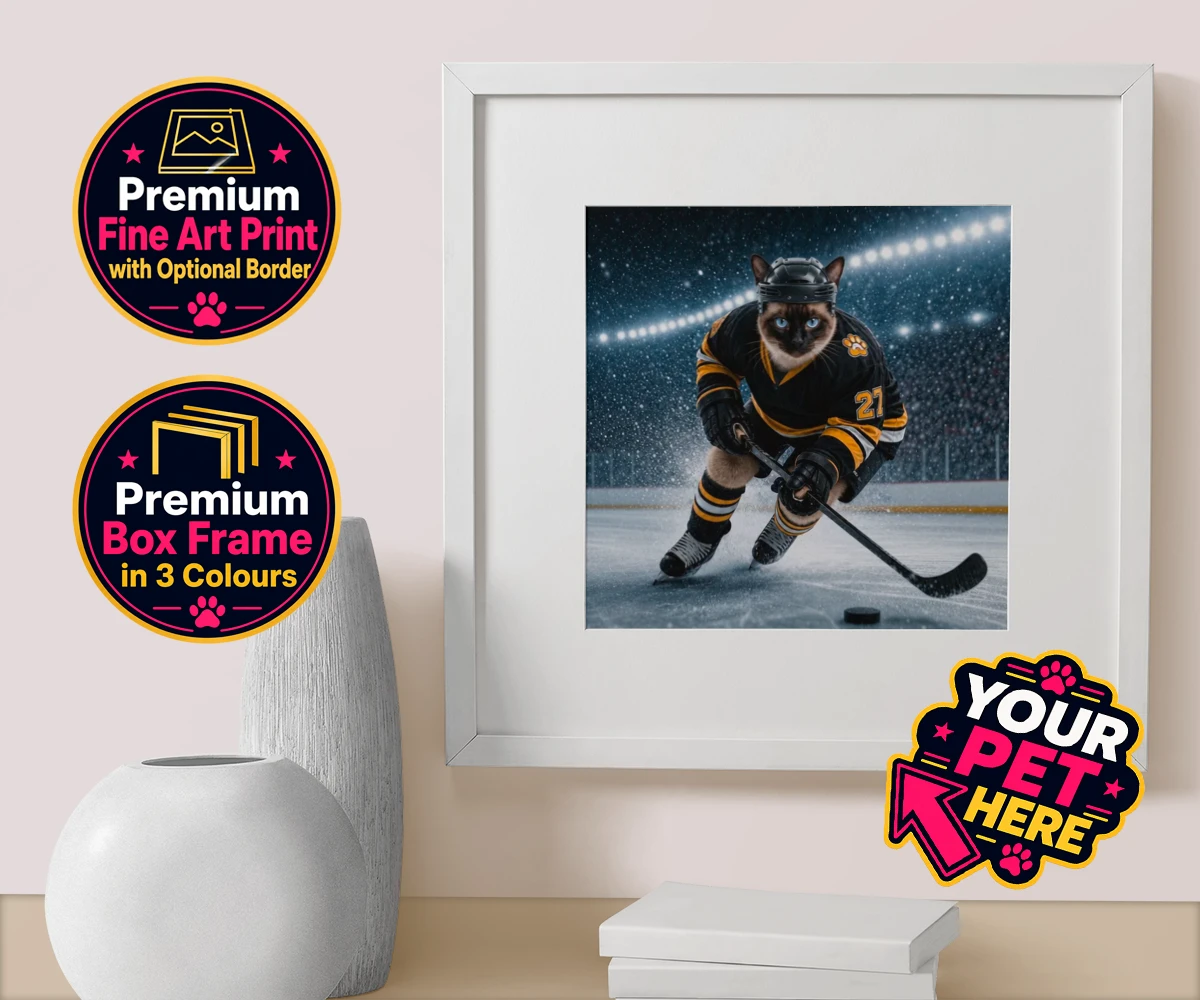 Personalised Paws on Ice cat box framed print featuring meet Paws on Ice, the feline star of the rink!