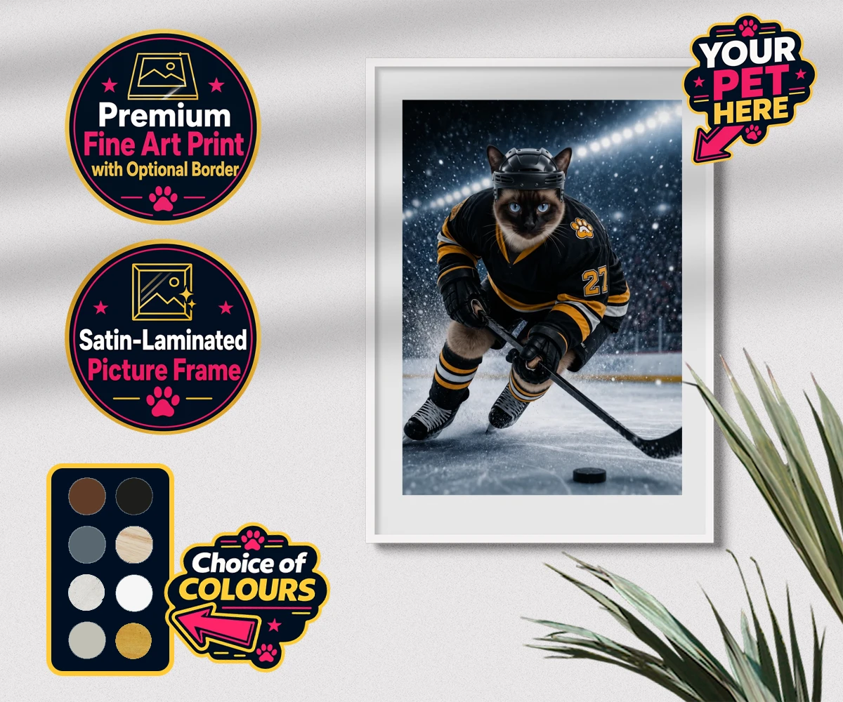 Personalised Paws on Ice cat premium framed print featuring meet Paws on Ice, the feline star of the rink!