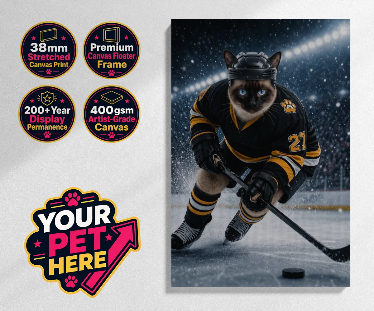 Personalised Paws on Ice cat stretched canvas print featuring meet Paws on Ice, the feline star of the rink!