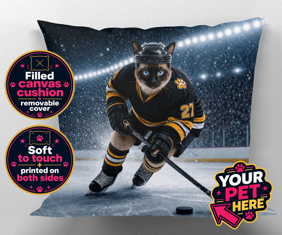 Personalised Paws on Ice cat canvas cushions featuring meet Paws on Ice, the feline star of the rink!