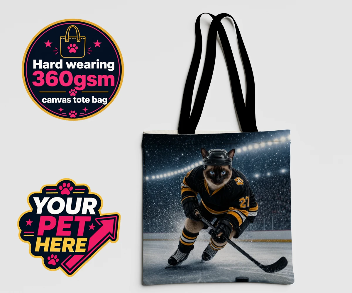 Personalised Paws on Ice cat canvas tote bags featuring meet Paws on Ice, the feline star of the rink!