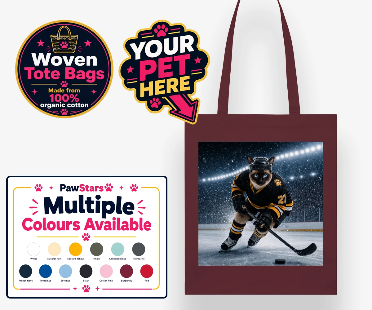 Personalised Paws on Ice cat woven tote bags featuring meet Paws on Ice, the feline star of the rink!