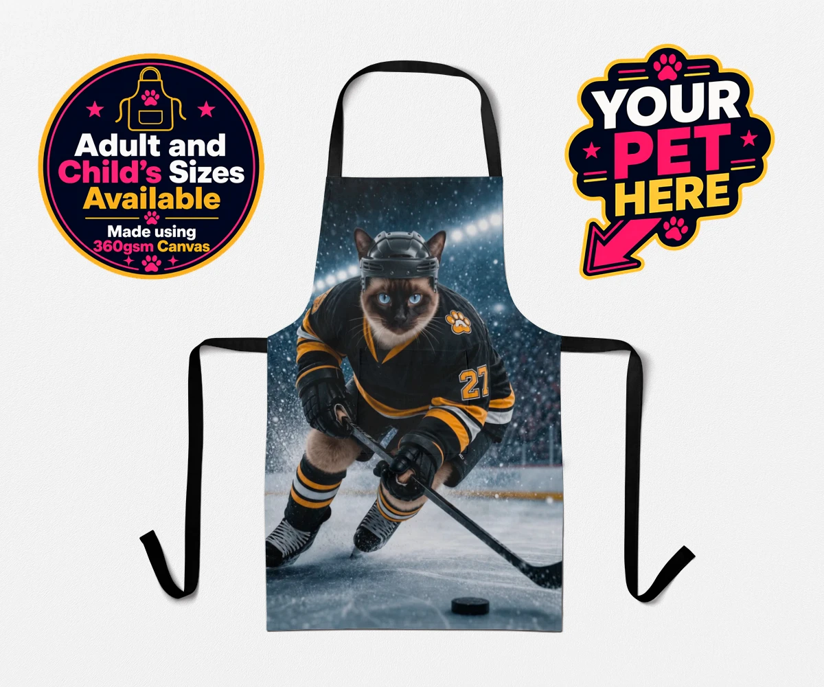 Personalised Paws on Ice cat aprons featuring meet Paws on Ice, the feline star of the rink!
