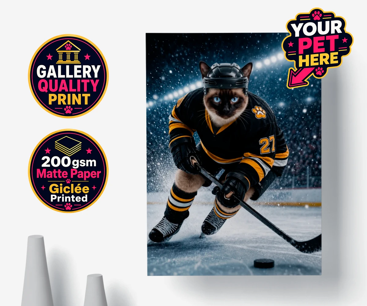 Personalised Paws on Ice cat premium poster print featuring meet Paws on Ice, the feline star of the rink!