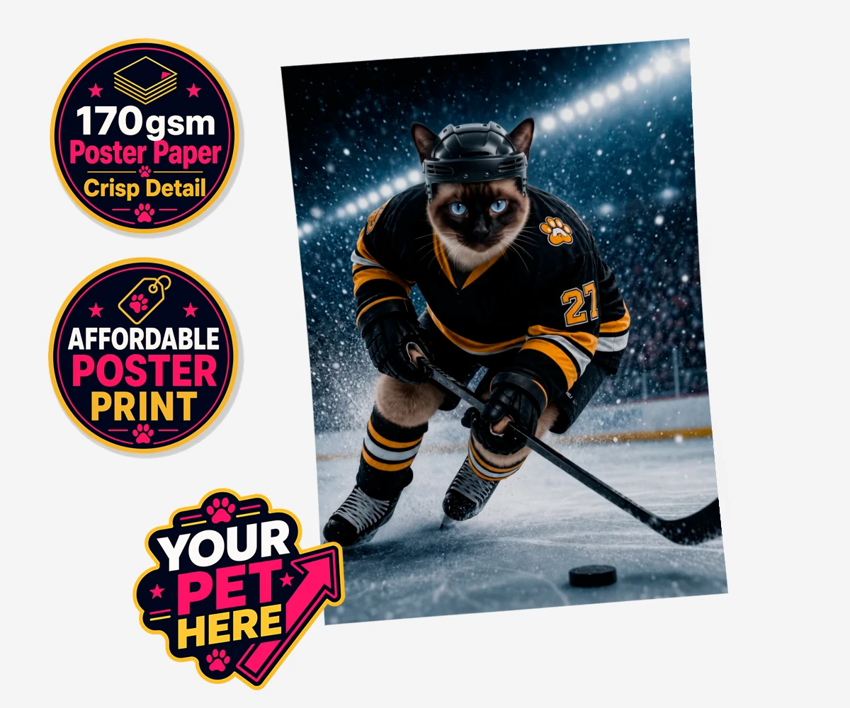 Personalised Paws on Ice cat standard poster print featuring meet Paws on Ice, the feline star of the rink!