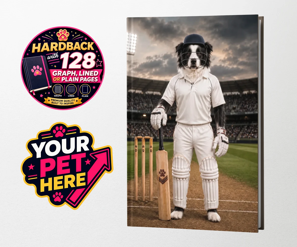 Personalised Cricket Paw dog hardback notebooks featuring meet Cricket Paw, the ultimate canine sports star ready to steal the s