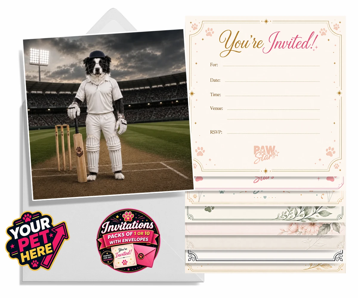Personalised invitations featuring Cricket Paw, a dog in a cricket uniform with helmet and pads
