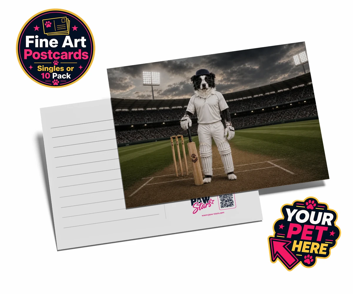 Personalised Cricket Paw dog postcard featuring a dapper dog in a cricket uniform on the pitch