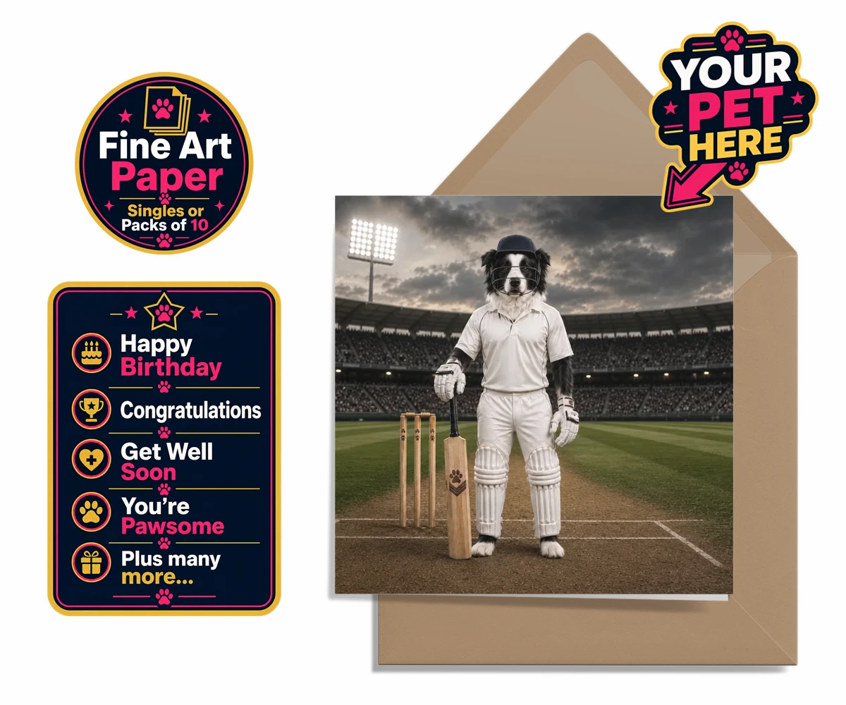 Personalised Cricket Paw dog premium greetings cards featuring meet Cricket Paw, the ultimate canine sports star ready to steal the s