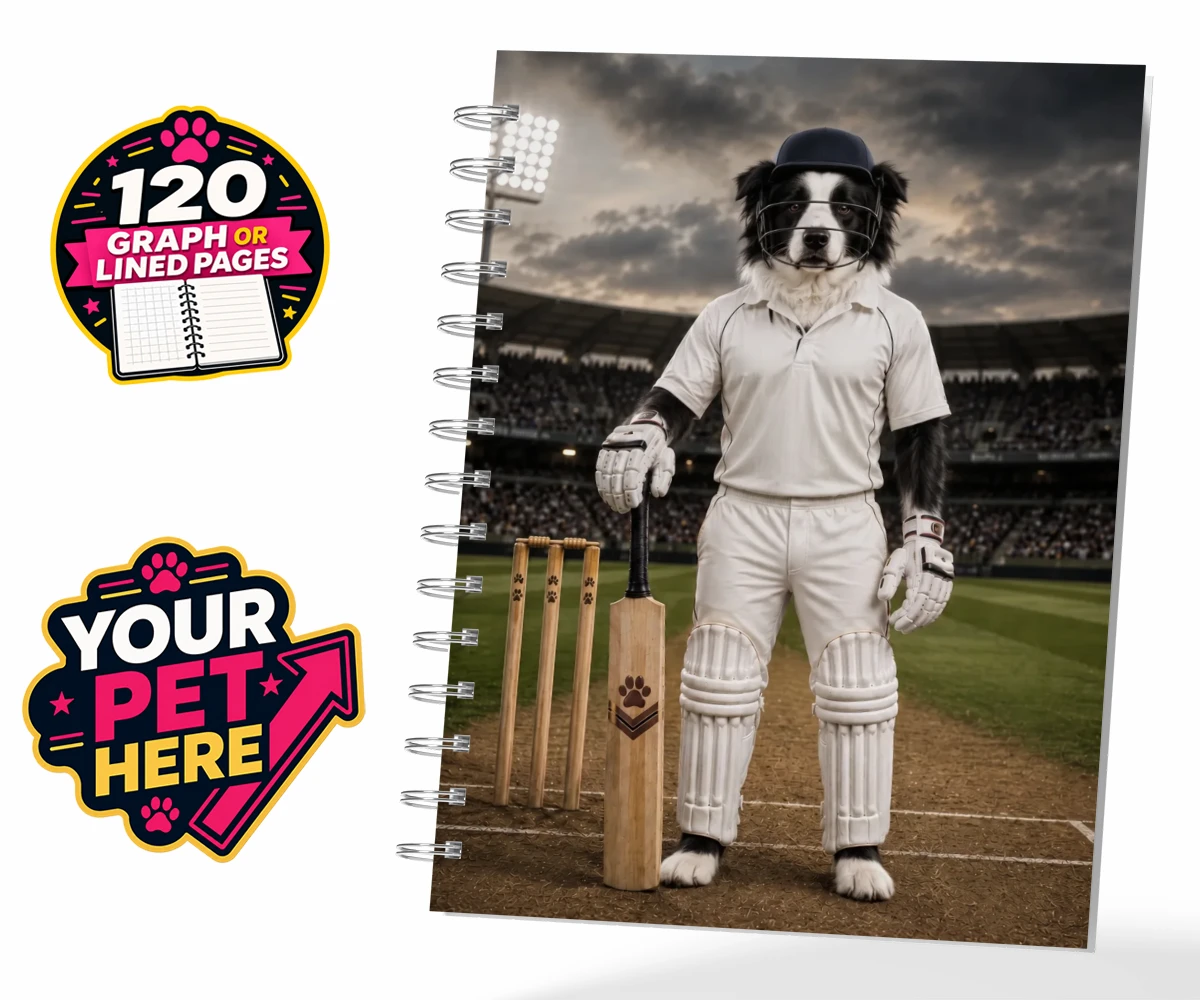 Personalised spiral notebook featuring Cricket Paw, a dog in a cricket uniform with helmet and pads.