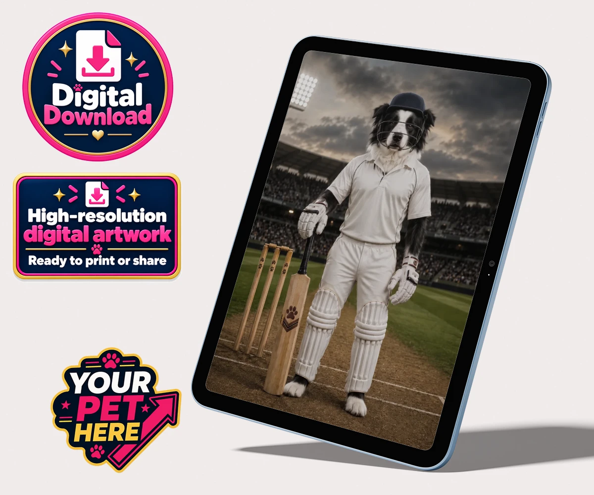 Personalised digital portrait of Cricket Paw the dog in a cricket uniform with helmet and pads