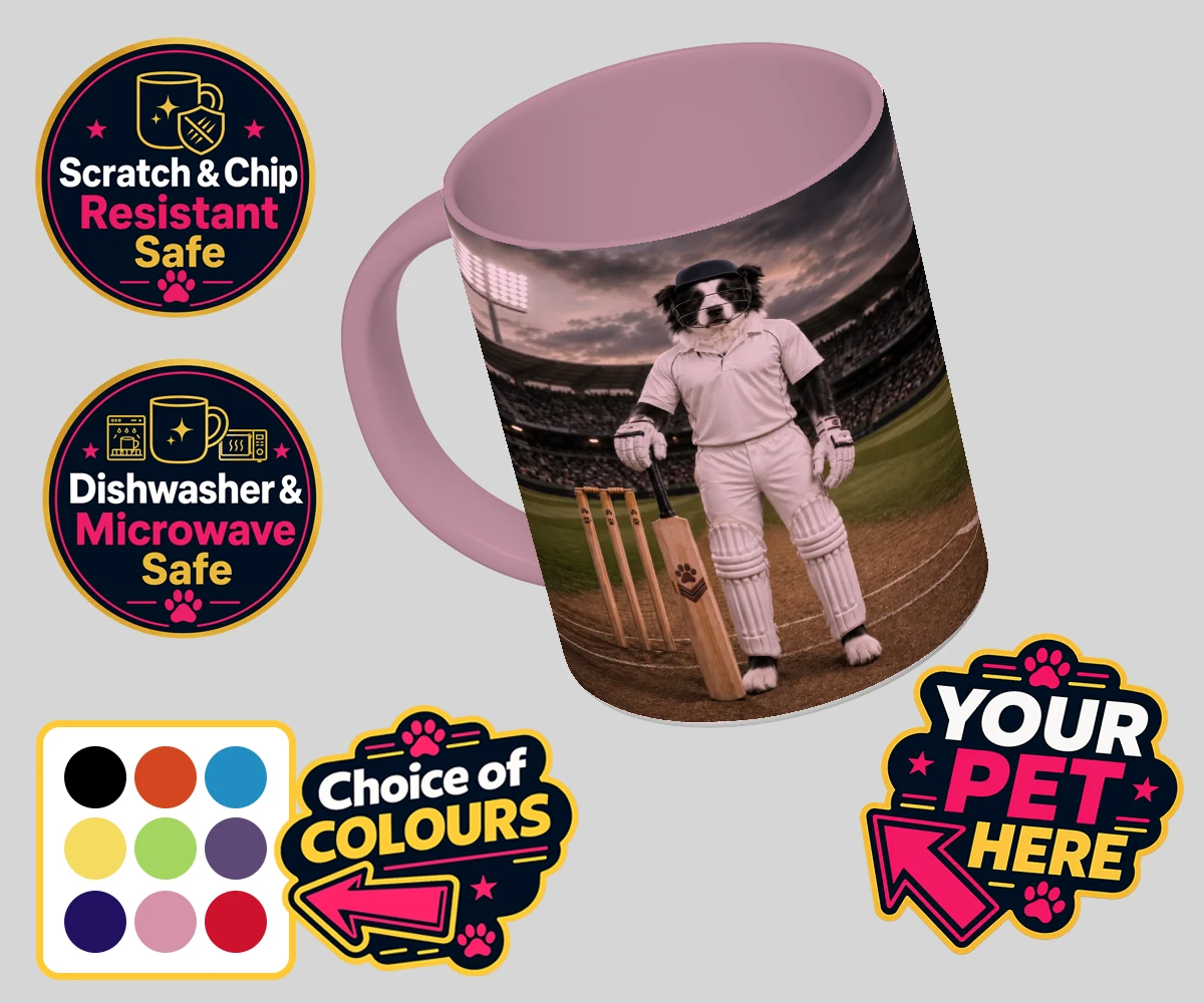Personalised Cricket Paw dog coloured photo mugs featuring meet Cricket Paw, the ultimate canine sports star ready to steal the s