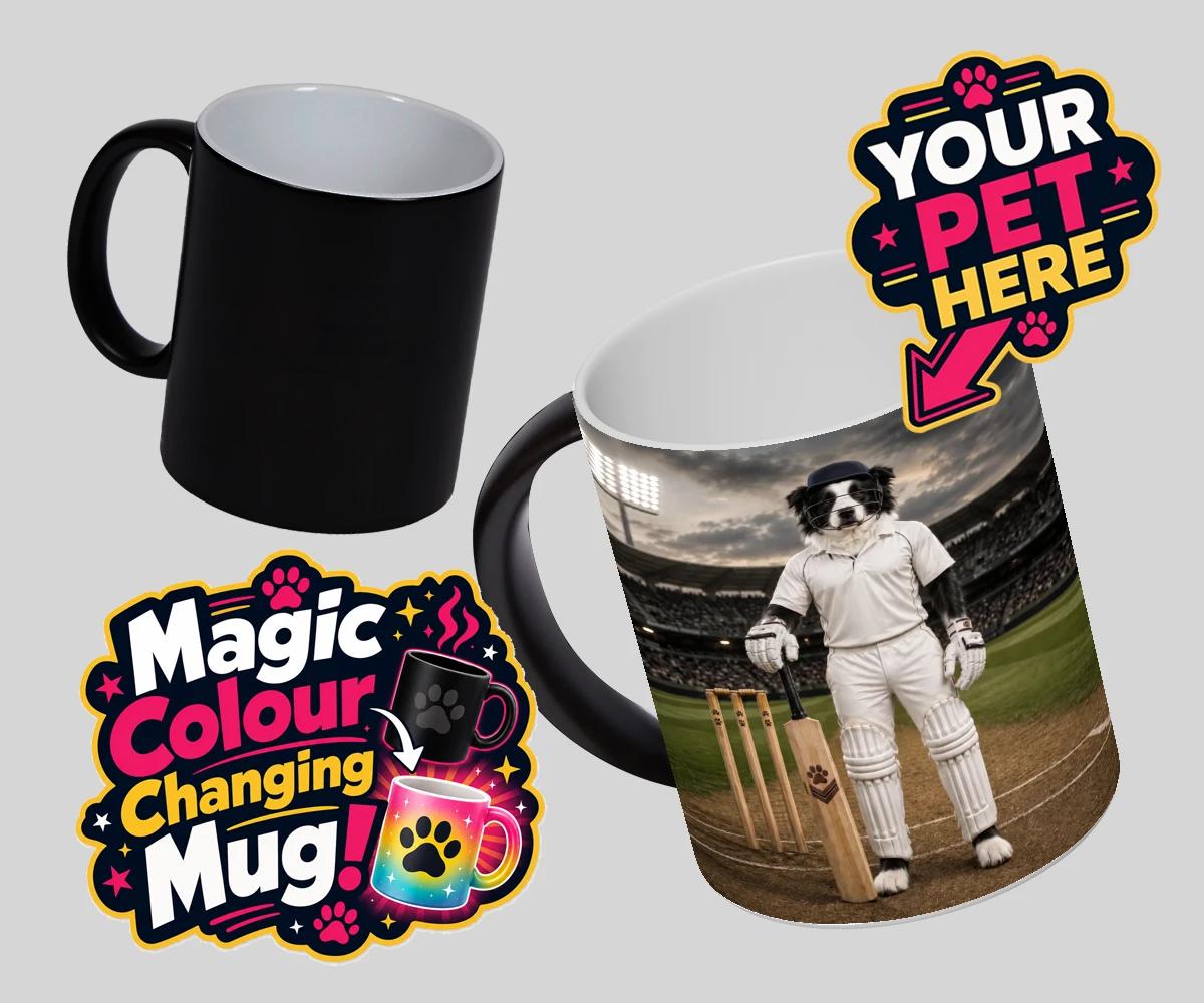 Personalised Cricket Paw dog magic photo mugs featuring meet Cricket Paw, the ultimate canine sports star ready to steal the s