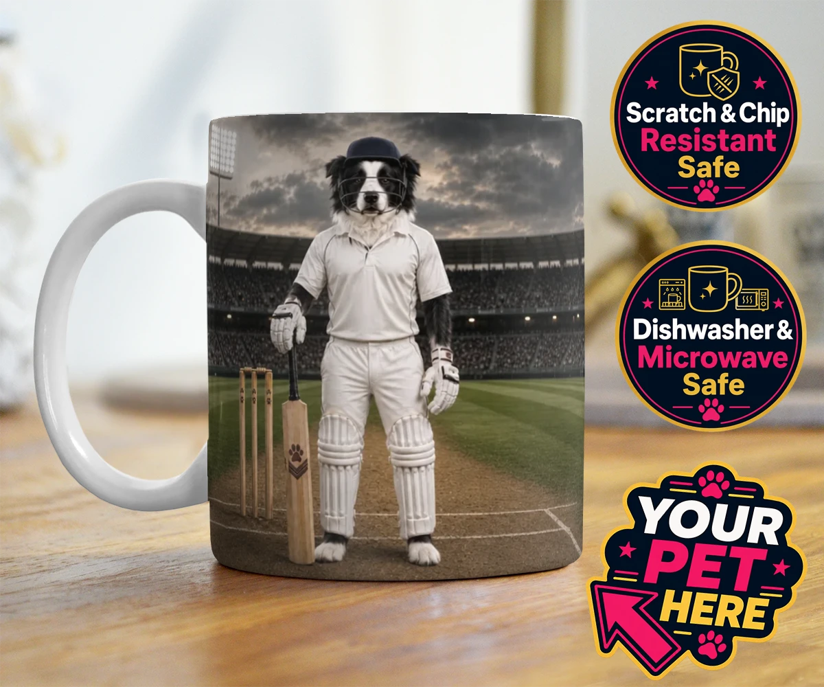 Personalised Cricket Paw dog photo mugs featuring meet Cricket Paw, the ultimate canine sports star ready to steal the s