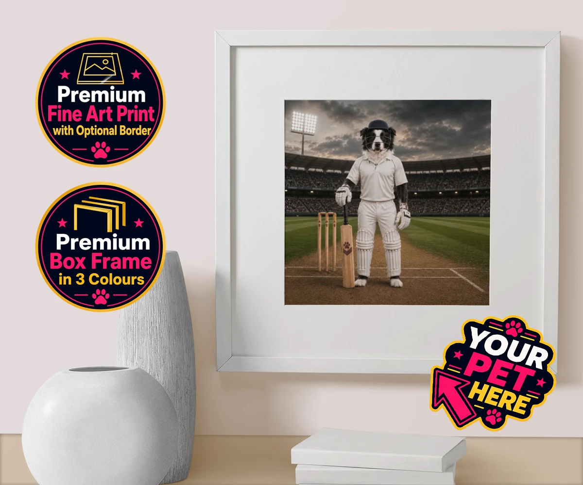 Personalised Cricket Paw dog box framed print featuring meet Cricket Paw, the ultimate canine sports star ready to steal the s