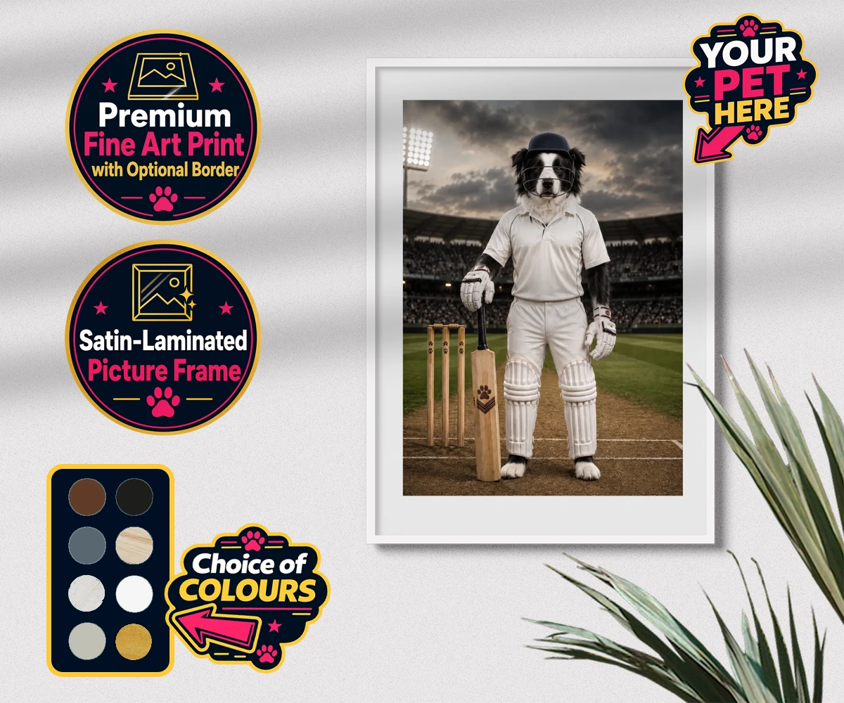 Personalised Cricket Paw dog premium framed print featuring meet Cricket Paw, the ultimate canine sports star ready to steal the s