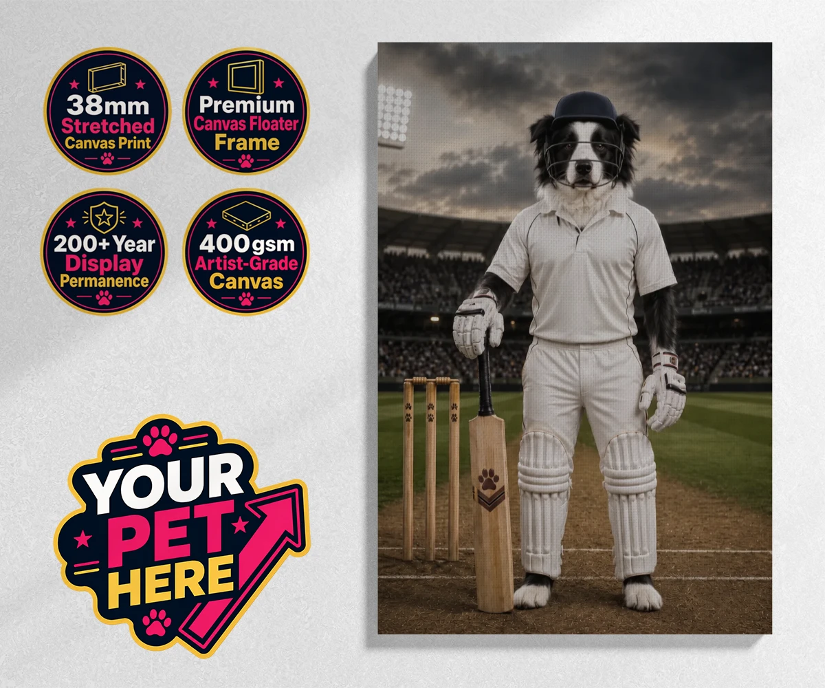 Personalised Cricket Paw dog stretched canvas print featuring meet Cricket Paw, the ultimate canine sports star ready to steal the s