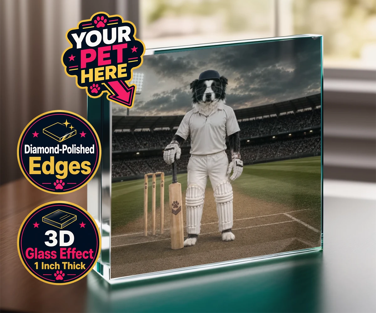 Personalised Cricket Paw dog acrylic prisms featuring meet Cricket Paw, the ultimate canine sports star ready to steal the s