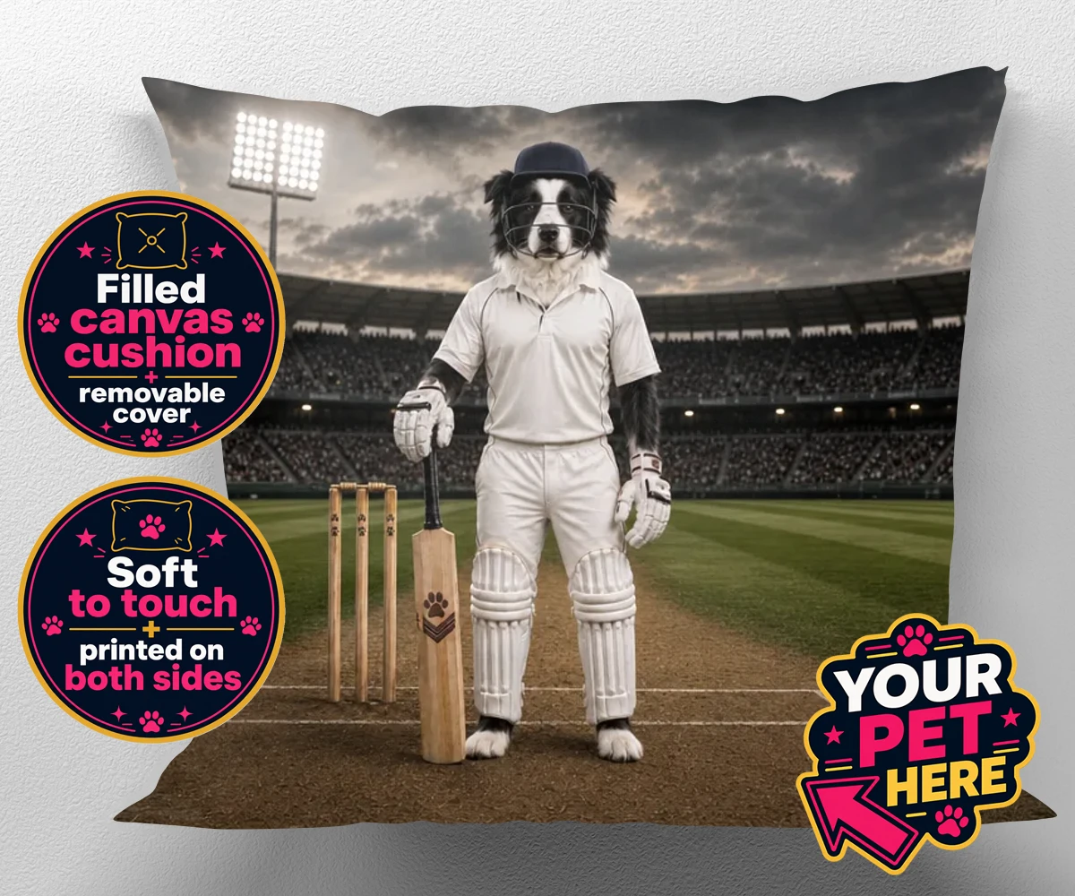 Personalised Cricket Paw dog canvas cushions featuring meet Cricket Paw, the ultimate canine sports star ready to steal the s