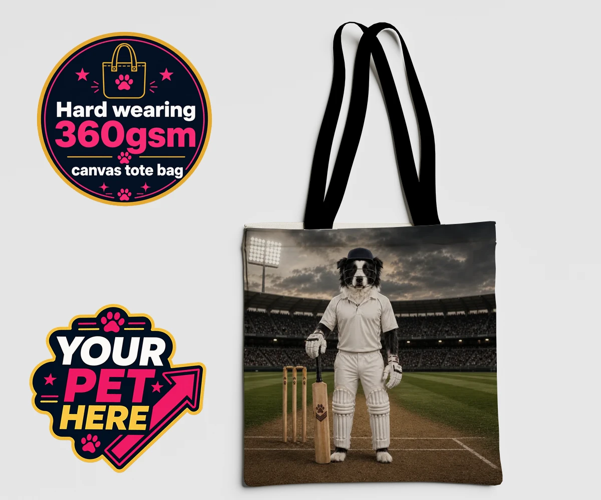 Personalised Cricket Paw dog canvas tote bags featuring meet Cricket Paw, the ultimate canine sports star ready to steal the s