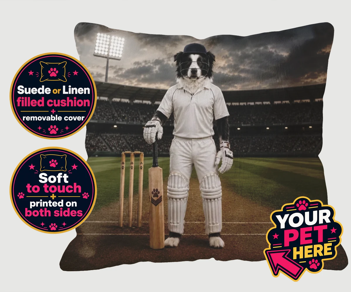 Personalised Cricket Paw dog cushions featuring meet Cricket Paw, the ultimate canine sports star ready to steal the s