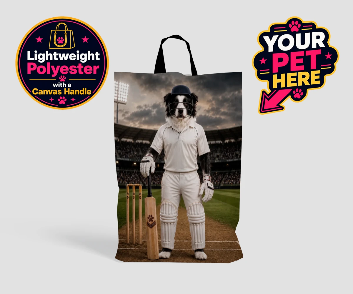 Personalised Cricket Paw dog shopping bags featuring meet Cricket Paw, the ultimate canine sports star ready to steal the s